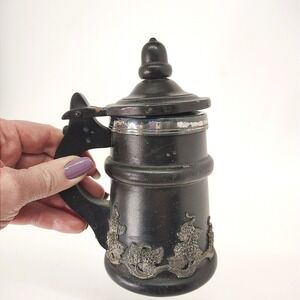 Vintage Small Beer Stein Wood Black Silver Liner  6.5" Tall Barware Decor